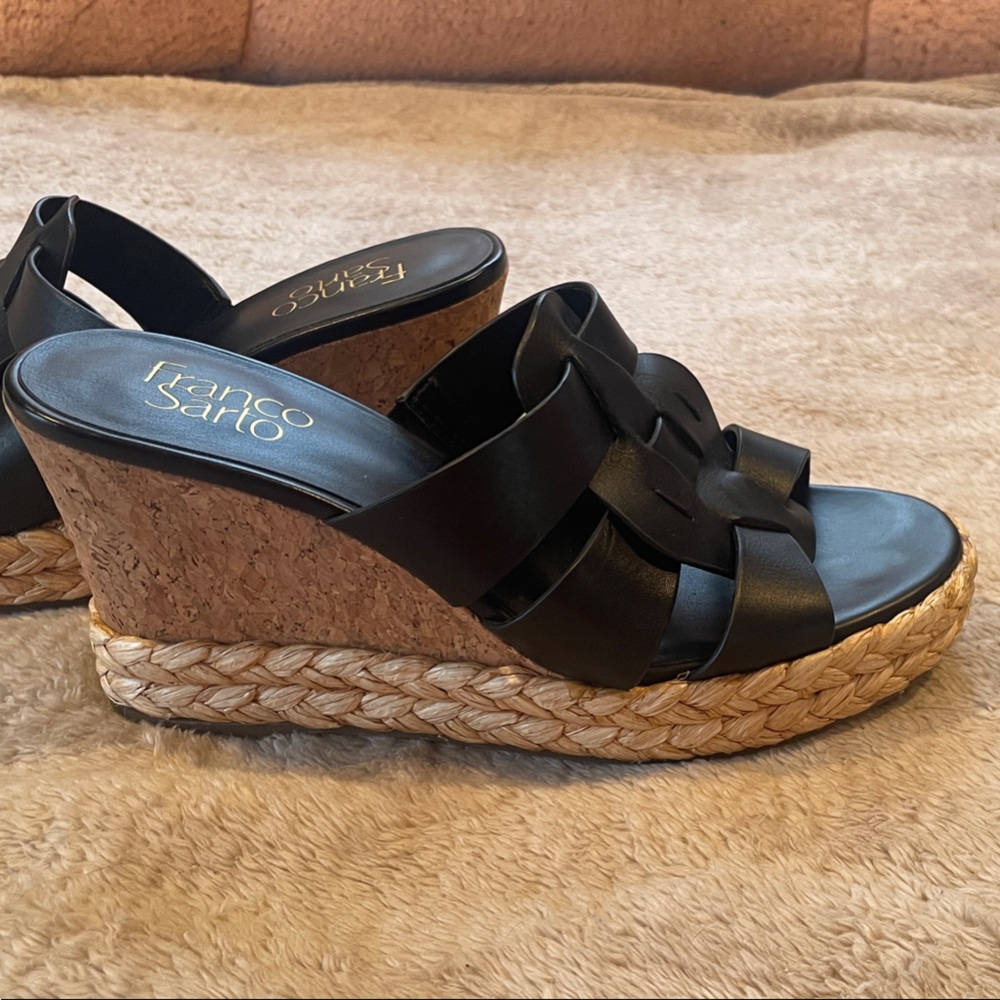 Franco Sarto Black and Tan Wedge Sandals